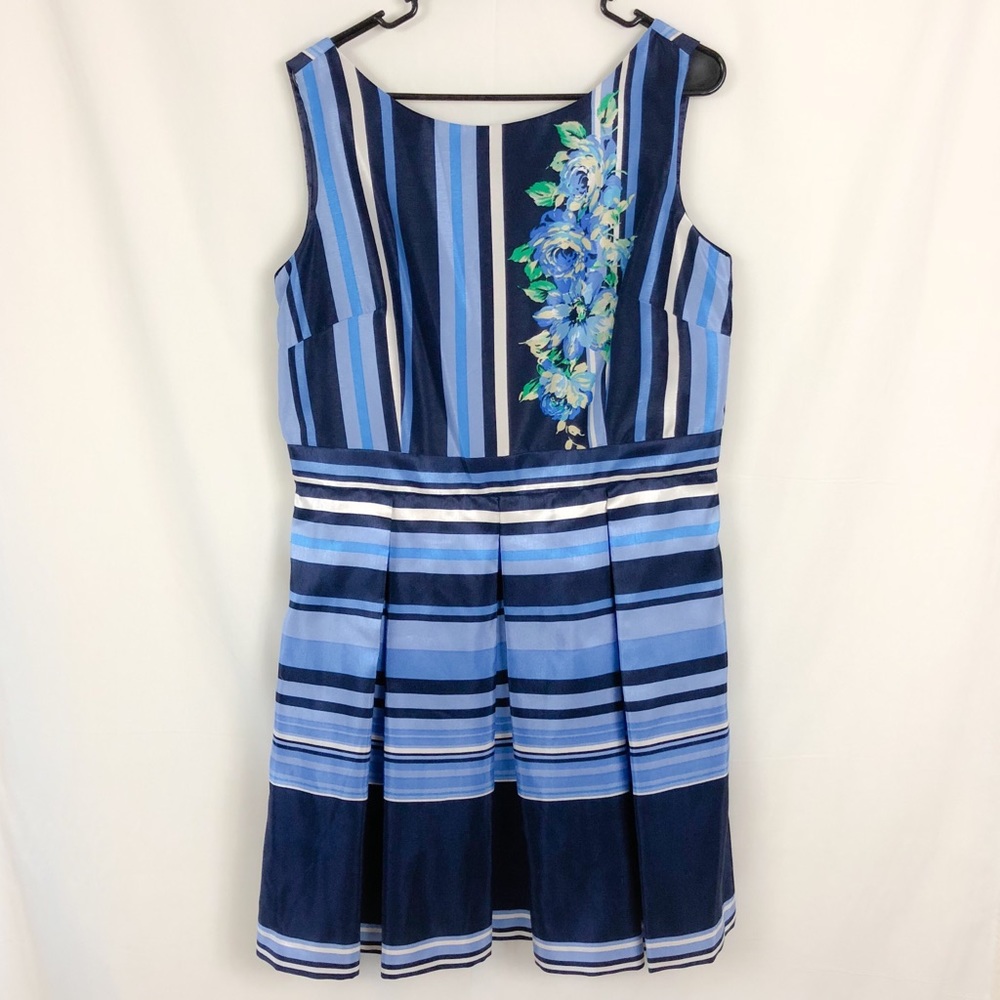 Gabby Skye Blue Striped Floral Fit & Flare Dress